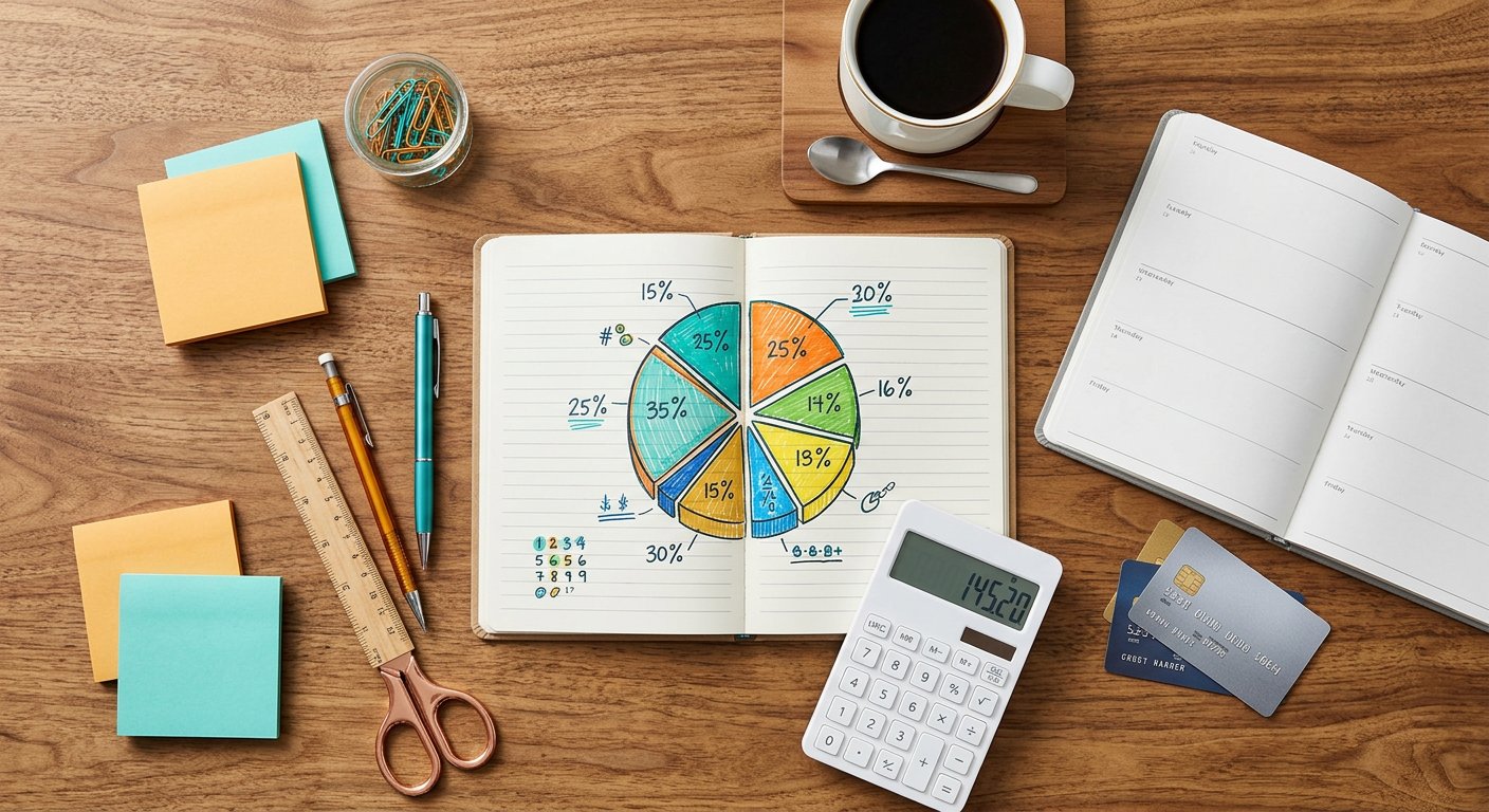Budget planner, calculator and notebook on a desk