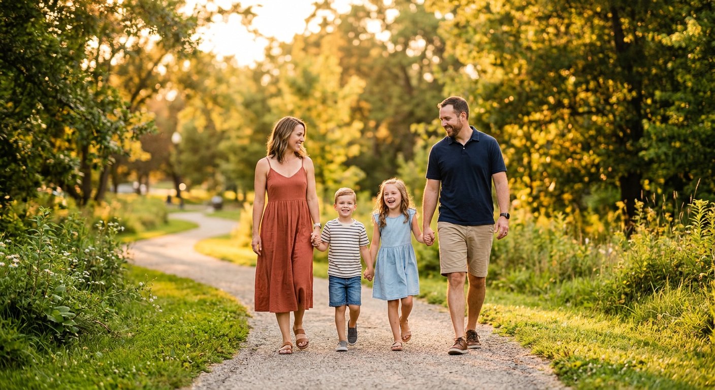 Family protected by insurance services walking in a park