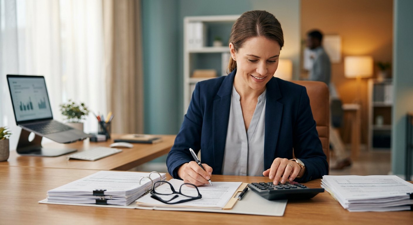 Tax advisor reviewing documents with a calculator